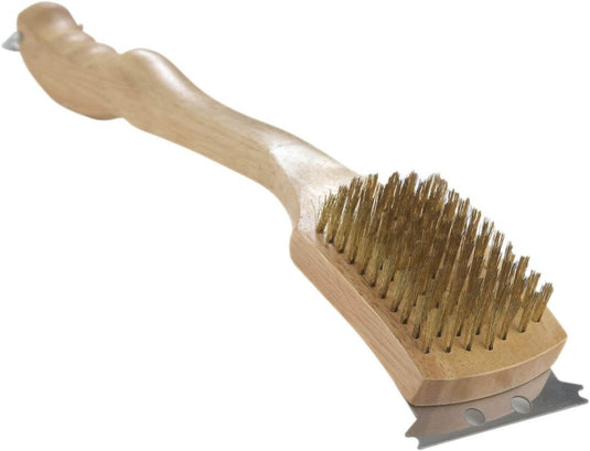 Napoleon Brass Grill Brush with hardwood handle and metal scraper for cleaning porcelain-coated cast iron cooking grids
