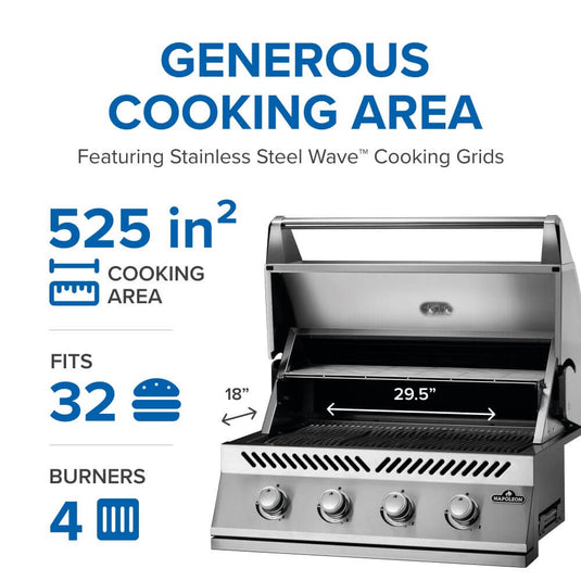 Napoleon Built-In 500 Series 32-inch Grill Head with stainless steel construction and four burners for outdoor kitchen installation