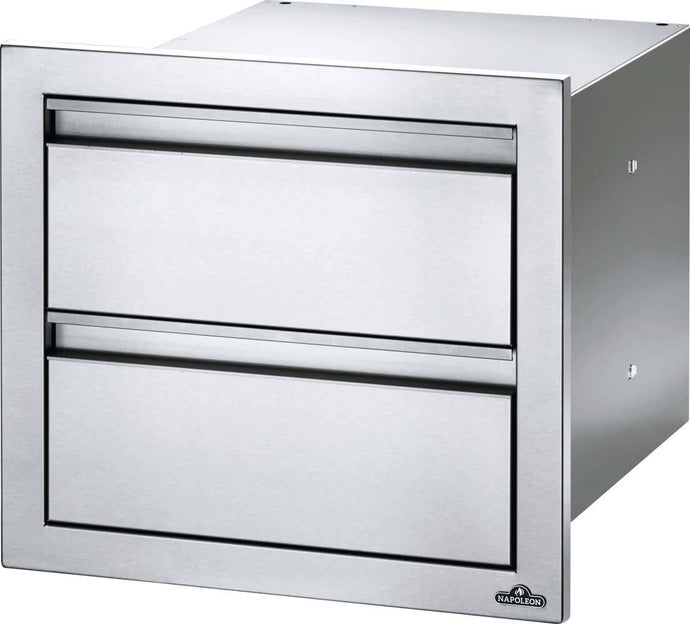 Napoleon 18x16 Inch Built-In Double Drawer with Stainless Steel Finish and Soft-Close Design