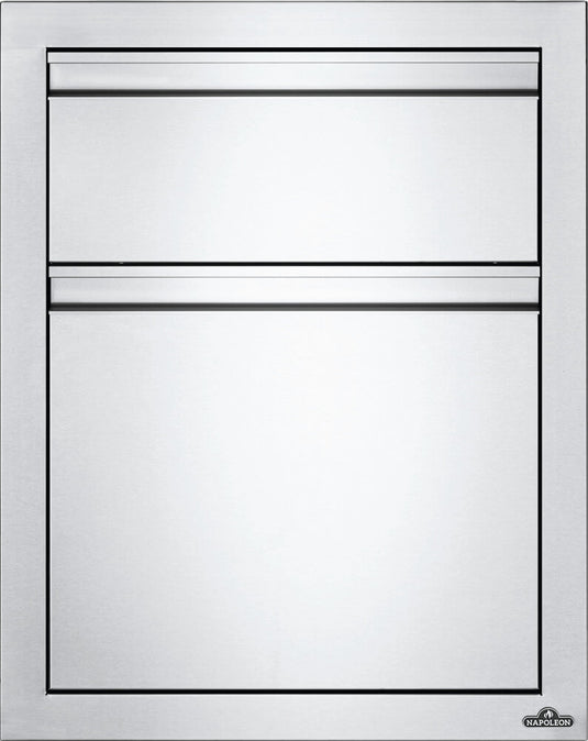 Napoleon built-in double drawer cabinet with waste bin and paper towel pull out, stainless steel outdoor kitchen storage accessory