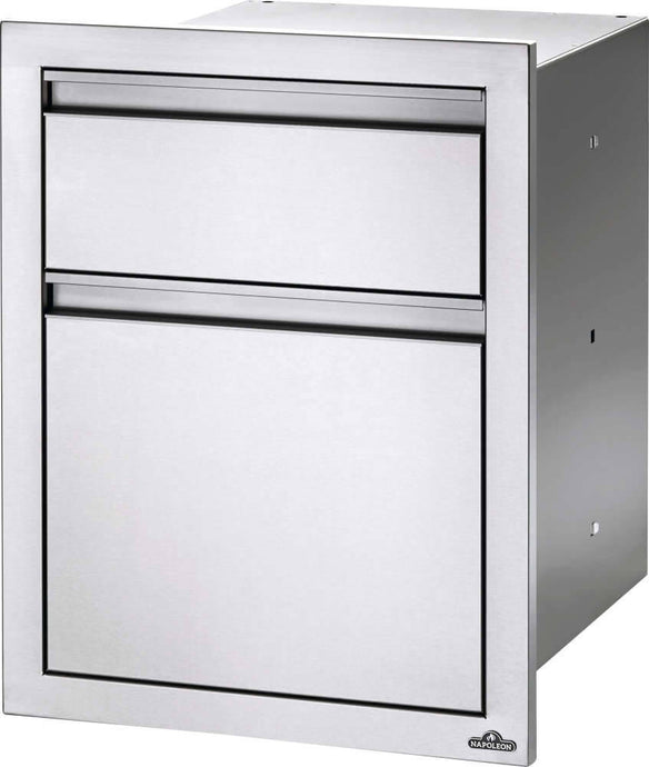 Napoleon built-in double drawer cabinet with waste bin and paper towel pull out, stainless steel outdoor kitchen storage accessory