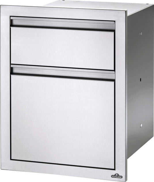 Napoleon built-in double drawer cabinet with waste bin and paper towel pull out, stainless steel outdoor kitchen storage accessory