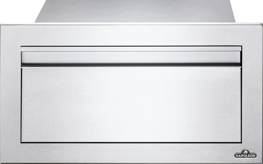 Napoleon stainless steel built-in single drawer with soft-close feature and anodized aluminum handles for custom outdoor kitchen storage