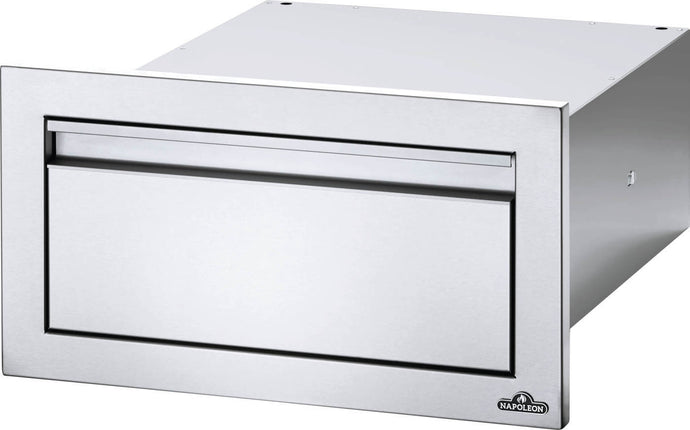 Napoleon stainless steel built-in single drawer with soft-close feature and anodized aluminum handles for custom outdoor kitchen storage