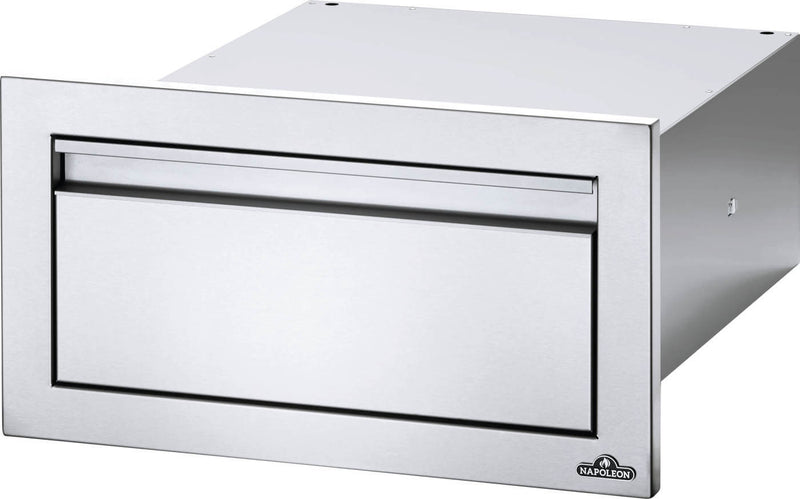 Load image into Gallery viewer, Napoleon stainless steel built-in single drawer with soft-close feature and anodized aluminum handles for custom outdoor kitchen storage
