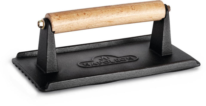 Napoleon Cast Iron Chef's Press with Wooden-Wrapped Steel Handle for Even Cooking and Crisping