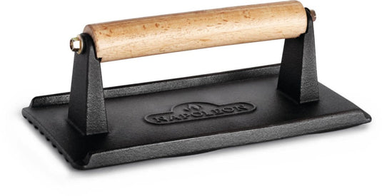 Napoleon Cast Iron Chef's Press with Wooden-Wrapped Steel Handle for Even Cooking and Crisping