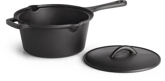 Napoleon Cast Iron Saucepan with Lid featuring easy-pour spouts and ergonomic handle for grilling and slow-cooked meals