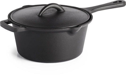 Napoleon Cast Iron Saucepan with Lid featuring easy-pour spouts and ergonomic handle for grilling and slow-cooked meals