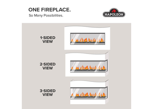Napoleon electric fireplace illustration comparing one-sided, two-sided, and three-sided viewing configurations