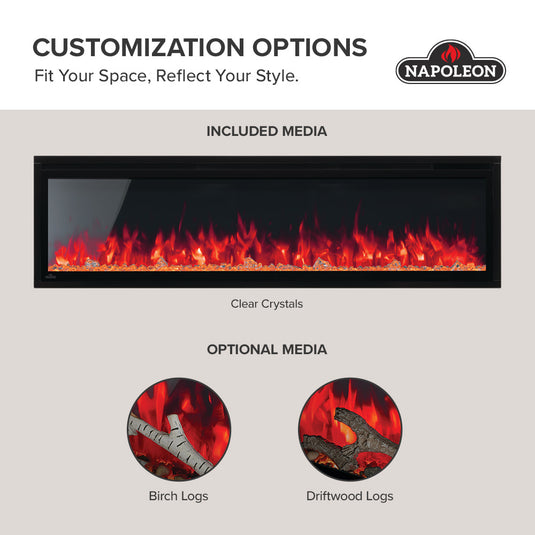 Napoleon Entice linear electric fireplace decorative media options showing included clear crystals and optional birch and driftwood log sets.