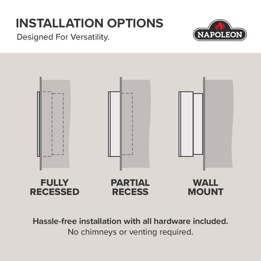 Napoleon Entice electric fireplace installation diagrams for fully recessed, partially recessed, and wall-mounted configurations