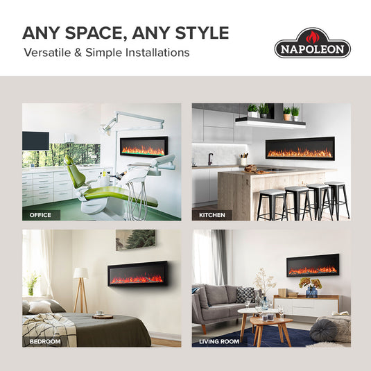 Napoleon Entice linear electric fireplace lifestyle infographic showing wall-mounted installations in an office, kitchen, bedroom, and living room.