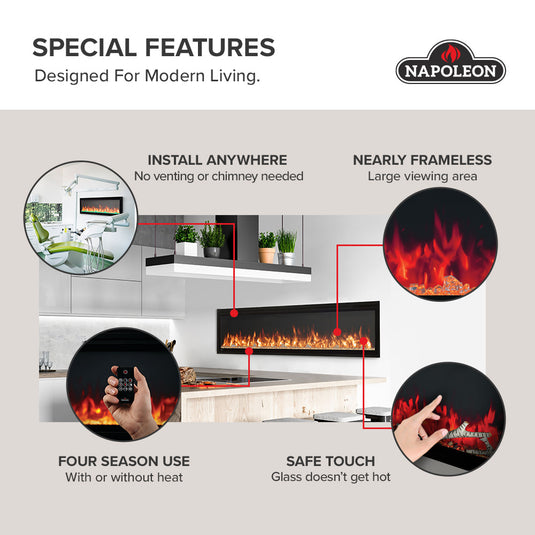 Napoleon Entice linear electric fireplace special features infographic highlighting vent-free installation, nearly frameless design, year-round flame operation, and safe-touch glass.