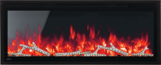 Napoleon Entice 42-inch electric fireplace NEFL42CFH-1 shown with optional birch logs and red LED flames