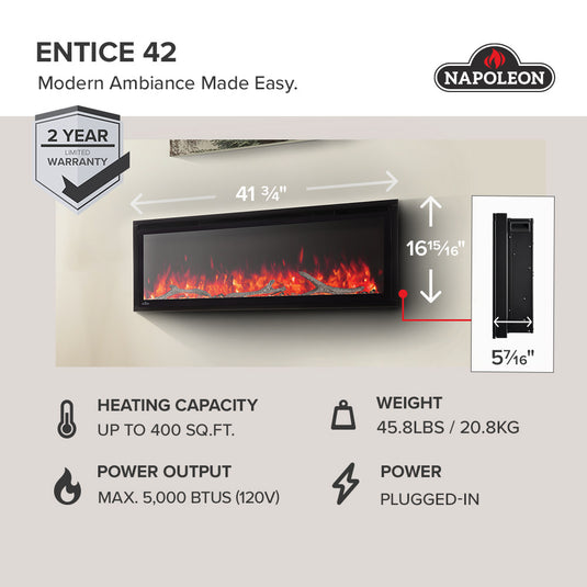 Napoleon Entice 42-inch linear electric fireplace NEFL42CFH-1 dimensions, 41.75 inches wide, 16.94 inches high, and 5.44 inches deep, with 5,000 BTU heating output and 2-year limited warranty.