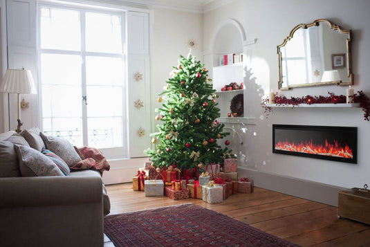 Napoleon Entice 50-inch electric fireplace installed in a festive living room with a decorated Christmas tree