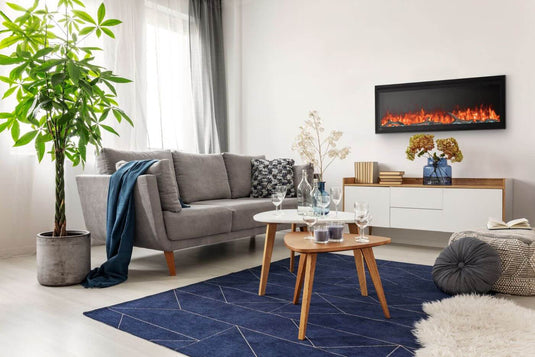 Napoleon Entice 50-inch electric fireplace mounted above a cabinet in a contemporary living room