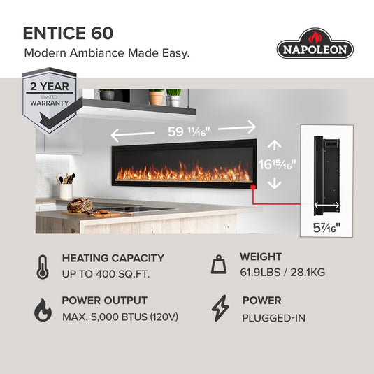 Napoleon Entice 60-inch linear electric fireplace NEFL60CFH-1 dimensions: 59.69 inches wide, 16.94 inches high, and 5.44 inches deep, with 5,000 BTU heating output and 2-year limited warranty.