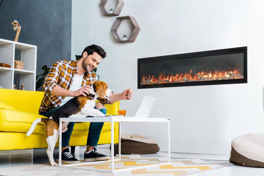 Napoleon Entice 60-inch wall-mounted electric fireplace in a home office with optional decorative logs