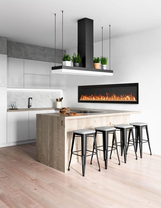 Napoleon Entice 60-inch linear electric fireplace installed on the wall of a modern kitchen
