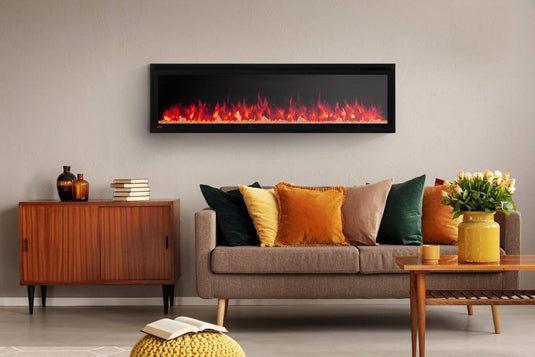 Napoleon Entice 60-inch electric fireplace mounted above a sofa in a modern living room