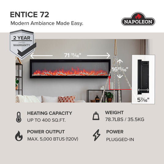 Napoleon Entice 72-inch linear electric fireplace NEFL72CFH-1 dimensions: 71.69 inches wide, 16.94 inches high, and 5.44 inches deep, with 5,000 BTU heating output and 2-year limited warranty.