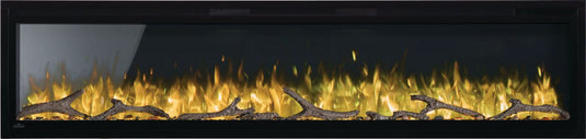 Napoleon Entice 72-inch electric fireplace with golden LED flames and optional driftwood log media