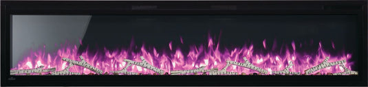 Napoleon Entice 72-inch electric fireplace with magenta LED flames and optional birch log media