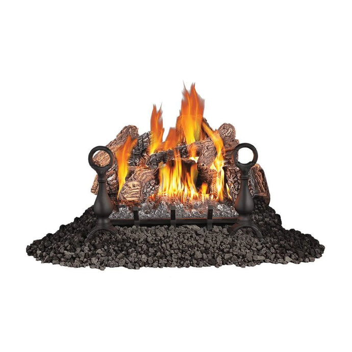 Napoleon Fiberglow 24-Inch Vented Natural Gas Log Set with Electronic Ignition showing realistic logs, cast iron andirons, and lava rocks