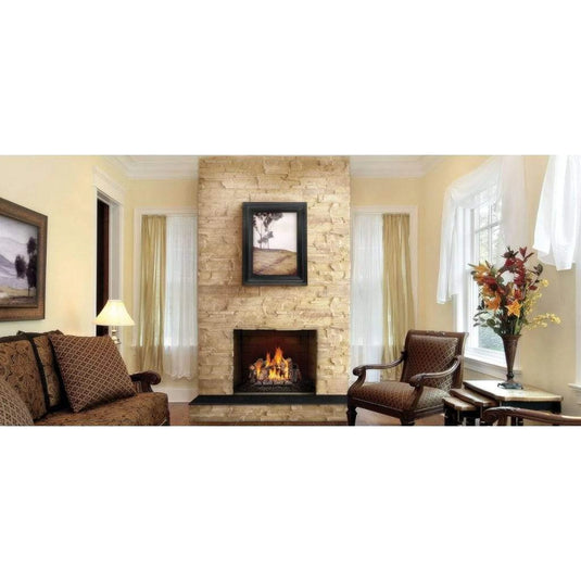Napoleon Fiberglow 30" Vented Natural Gas Log Set with Electronic Ignition showing realistic logs, cast iron andirons, and lava rocks for a cozy fireplace setup