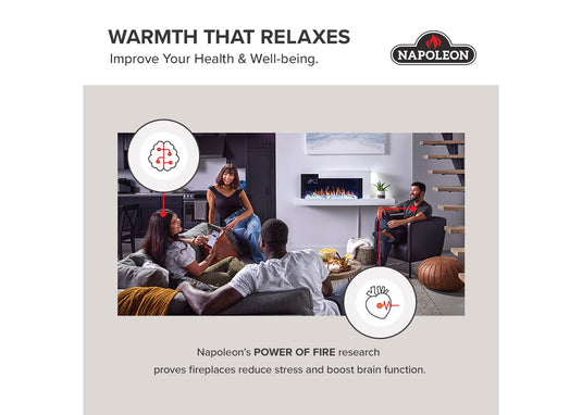 Napoleon fireplace infographic highlighting relaxation and well-being in a family living room