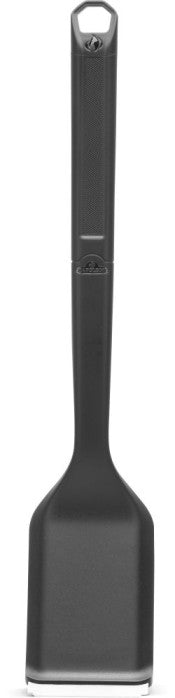 Front view of Napoleon GABR001 Essential Series grill cleaning brush with black ergonomic handle, hanging loop and stainless steel scraper edge