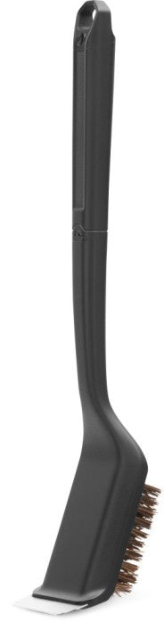Angled view of Napoleon GABR001 Essential Series grill brush showing natural Palmyra bristles, black handle and stainless steel scraper