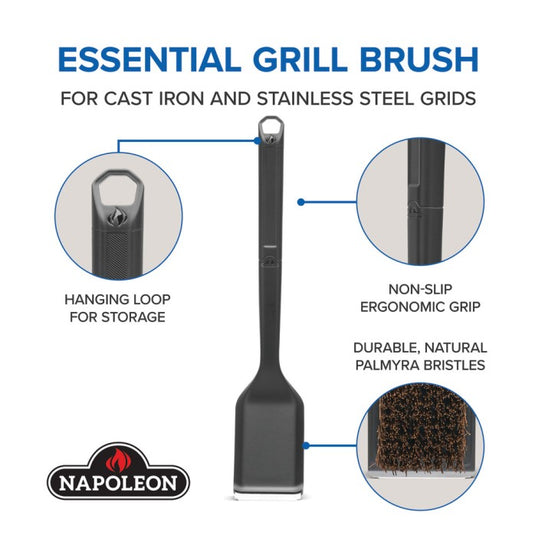 Napoleon GABR001 Essential grill brush infographic highlighting natural Palmyra bristles, non-slip ergonomic grip and hanging loop for storage