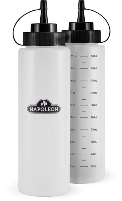 Napoleon GACP004 set of two 600 ml squeeze bottles with black dispensing nozzles and measurement markings