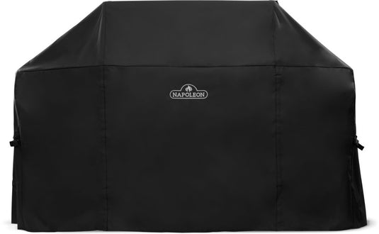 Front view of the black Napoleon GACV003 Prestige PRO 665 grill cover with Napoleon logo