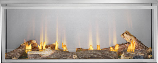 Napoleon Galaxy 50 outdoor gas fireplace with stainless steel design and LED lighting