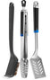 Load image into Gallery viewer, Angled view of Napoleon GATL002 grill brush, stainless steel tongs, and spatula
