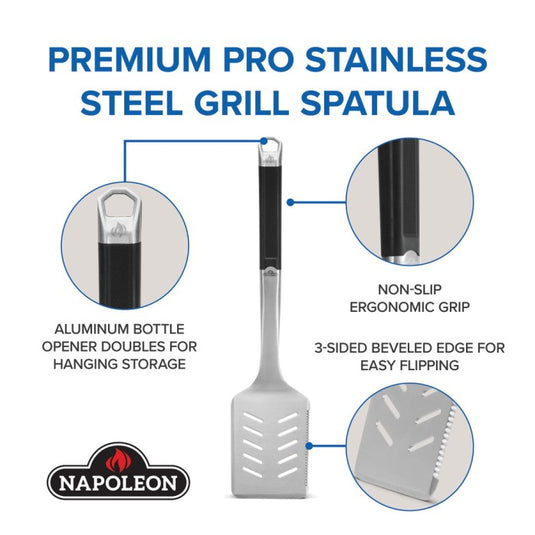 Napoleon GATL007 premium grill spatula infographic showing bottle opener, ergonomic grip, and three-sided beveled edges