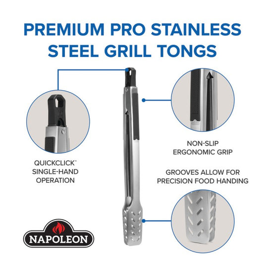 Napoleon GATL008 grill tongs infographic highlighting QuickClick one-hand operation, non-slip grip, and grooved tips