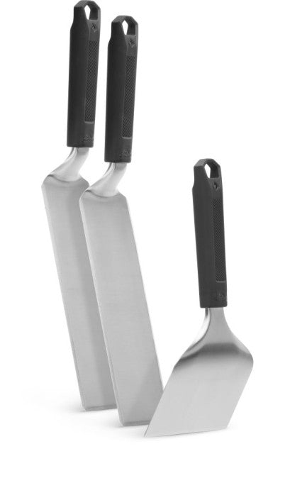 Right angled view of Napoleon GATL012 stainless steel griddle spatulas and scraper with non-slip black handles