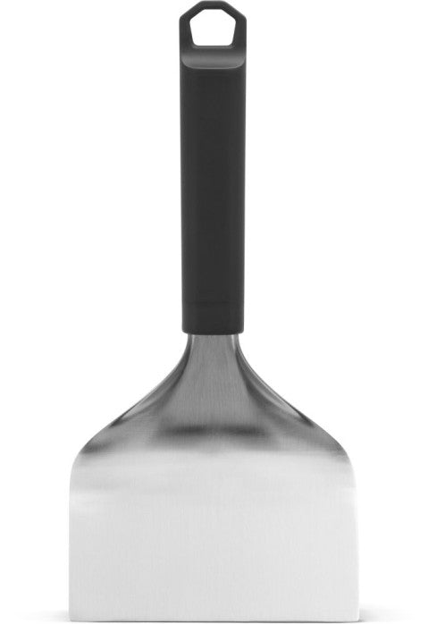 Rear view of Napoleon GATL016 griddle scraper with wide metal blade and black hanging handle