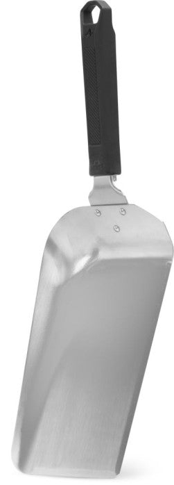Left angled view of Napoleon GATL017 griddle scoop spatula showing its curved stainless steel blade and black handle
