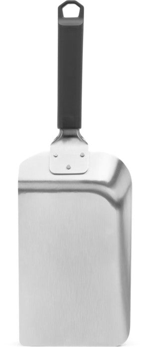 Rear view of Napoleon GATL017 griddle scoop spatula with stainless steel blade and black hanging handle