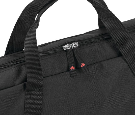 Close-up of dual zipper pulls and reinforced carrying straps on a Napoleon griddle insert storage bag