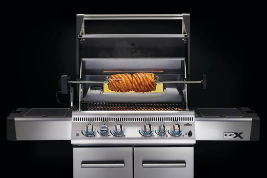 Napoleon Heavy Duty Rotisserie Kit with motor, stainless steel rod, forks, and counterweight for Prestige and LEX grills