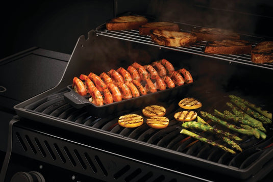 Napoleon Porcelain Enameled Cast Iron Jumbo Shrimp Tray grilling 22 jumbo shrimp on a BBQ
