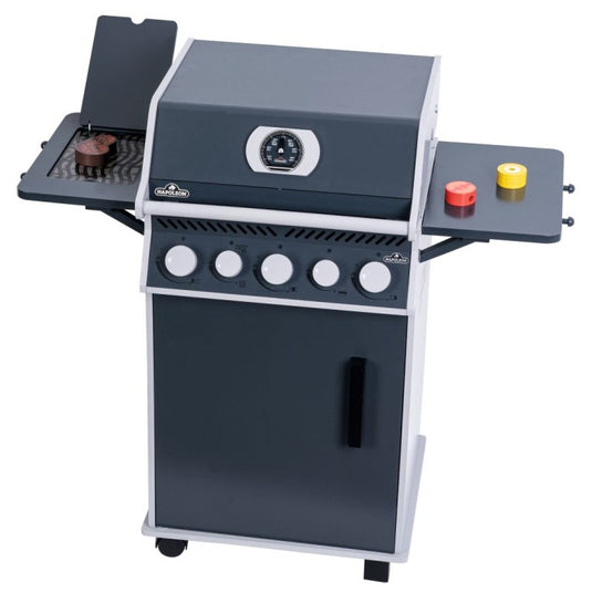 Napoleon Rogue 425 Kids BBQ wooden playset with burners, skewer, and accessories for children aged 3 and up