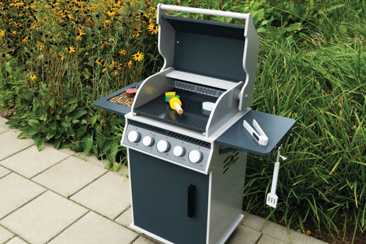 Napoleon Rogue 425 Kids BBQ wooden playset with burners, skewer, and accessories for children aged 3 and up
